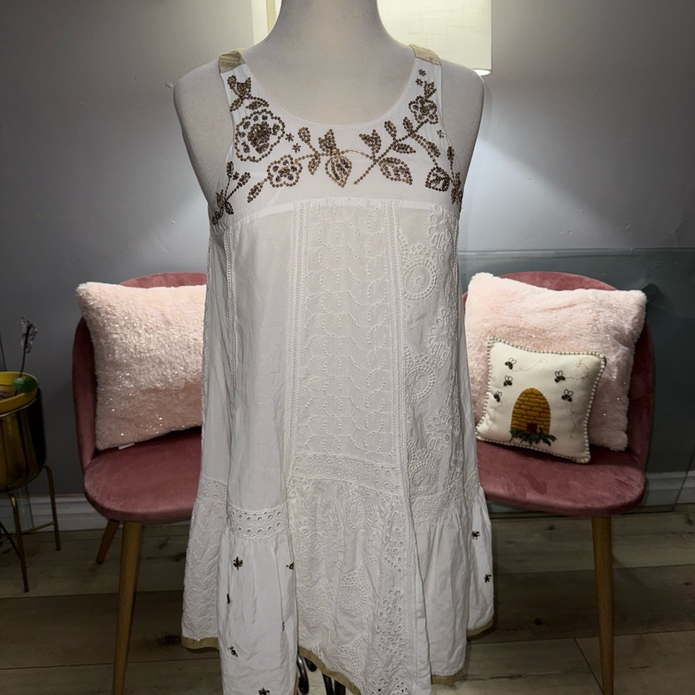 Anthropologie White and Brown Embroidered Midi Dress